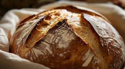 Artisan sourdough bread loaf with crispy crust baked to perfection, close up