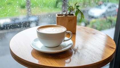 Custom AI Model 雨 カフェ コーヒー ラテアート カフェラテ 窓辺 木製テーブル 観葉植物 癒し リラックス しっとり 自然光 雨粒 窓ガラス 室内 ナチュラル ヒュッゲ やすらぎ 穏やか やわらかい光 雨の日 木目 ラウンドテーブル 雨模様 グリーン 雨の景色 ゆったり 雨の午後 やさしい時間 カップ ソーサー シンプル スローライフ カフェタイム 一息 日常 おしゃれ ミニマル