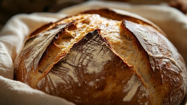 Artisan sourdough bread loaf with crispy crust baked to perfection, close up