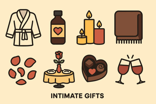 Intimate gifts flat icons set – romance, love, special occasion symbols
