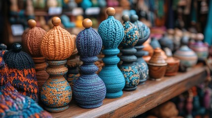 Colorful Artisan Knitted Finials and Decorative Home Accessories Display