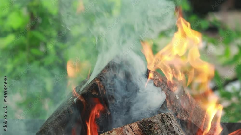 Poster burning log with flames and smoke: a captivating image of a burning log, its flames dancing with vib