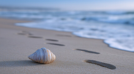 A lonely seashell beside footprints fading into the wet sand