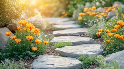 Sunlit Garden Path with Blooming Orange Poppies