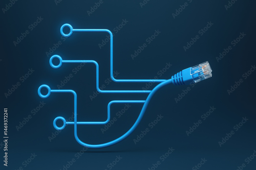 Poster blue network cable with glowing connection points symbolizing digital communication and technology i