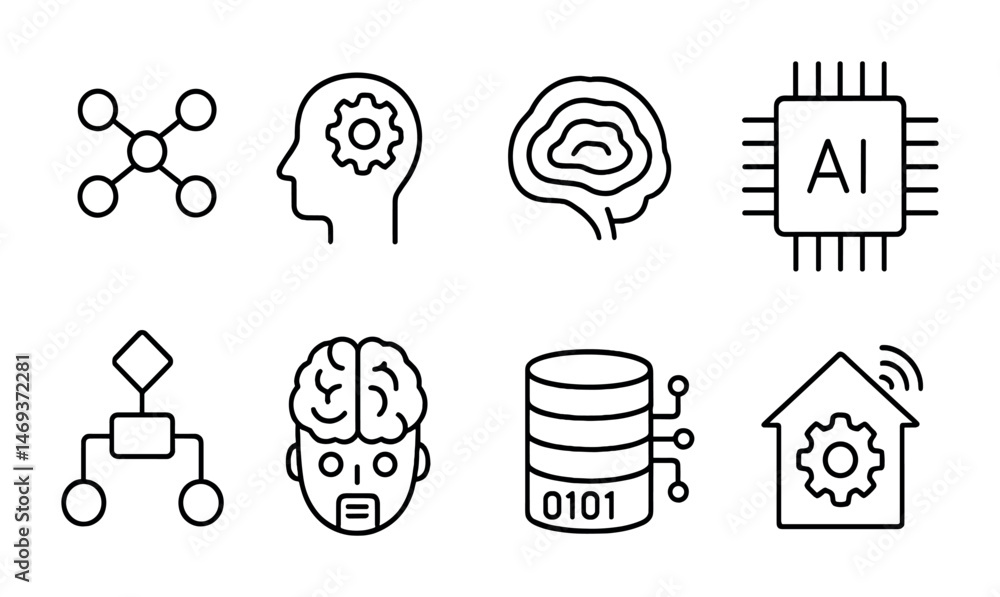 Poster artificial intelligence outline icons set – tech, neural network, brain symbols