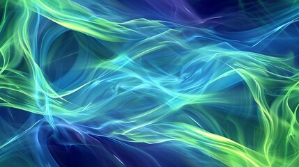 Fototapeta premium Abstract background with luminous blue and green lines creating waves of light, while soft, glowing particles of data float seamlessly through. 