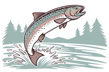 98 trout fish jumping out of water, realistic, highly detailed, digital art, 4k, hyperrealistic