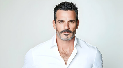 Obraz premium Portrait Of Mature Man In White Shirt Against Light Gray Background
