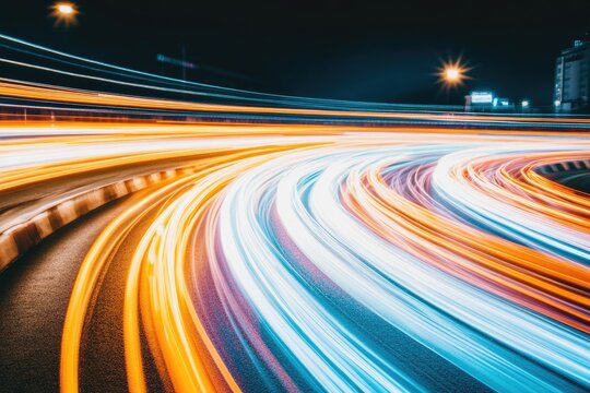 Nighttime highway curves illuminated by car lights - Powered by Adobe