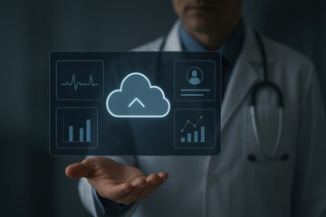 Doctor holding digital cloud upload icon with medical data charts and health monitoring concept