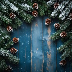 Winter Holiday Frame with Fir Tree and Snowy Pinecones