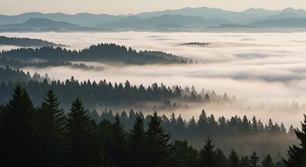 Foggy Forest Scene: Evergreen Trees Emerging from Low-Lying Mist