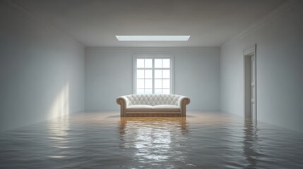 A stunning image of floating couch in an empty room symbolizes severe water damage, highlighting the importance of immediate restoration and repair to prevent further.