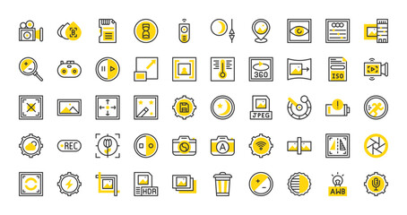 Set of Camera interface vector stroke icons. such as Flash , Crop, Zoom In, Low Battery, Micro Sd Card, Jpeg, Move Selector, Panorama, Camera Lens, Partial Metering, Hdr, Burst Mode illustration.