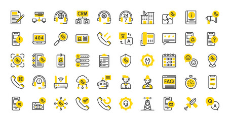 Set of Call center vector stroke icons. such as Questions, Checklist, Translate, Stop Watch, Headphones, Membership, Warning, Accepted, Cloud, CRM, Telephone, Search, Location, Call illustration.