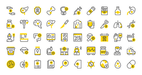 Set of Cancer vector stroke icons. such as Oncology, Colon, Skin, Dna, Doctor, Leukemia, Prostate, Radiotherapy, Breast, Kidneys, Biopsy, Liver, Pancreas, Ambulance, Patient, Cancer illustration.