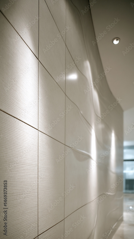 Poster textured off-white wall tiles with subtle wave pattern create a modern, sleek interior design showca