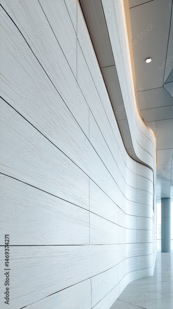 Poster curved off-white wall with textured panels, creating a modern architectural design, showcasing sleek