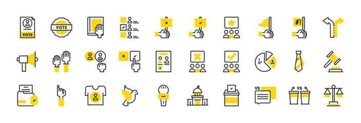 Set of Democracy vector stroke icons. such as Support, Candidates, Justice Court, Debate, Vote, Justice Scale, Direction, Raise Hand, Choice, Protest, Capitol, Candidate, Dove illustration.
