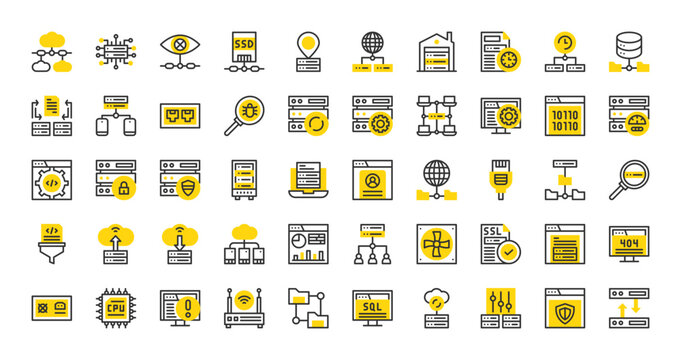 Set of Database and servers vector stroke icons. such as Server, Error, Lan, Scheme, Technology, File Sharing, Backup, Upload, Malware, File Transfer, Sql, Login, Global, Download, Sync illustration.