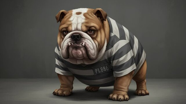 A Grumpy Bulldog in Prison Attire: Digital Painting