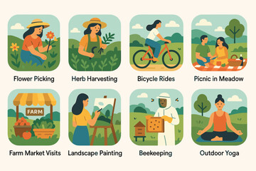 Fototapeta premium Outdoor activities flat icons set – picnic, gardening, nature symbols collection