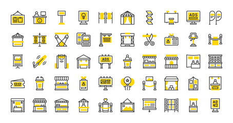 Set of Exhibition booth vector stroke icons. such as Booth, Exhibitor, Stand, Snack Booth, Pop, Spotlights, Billboard, Information, Opening Ceremony, Bow Flags, Speech, Brochure, Light illustration.