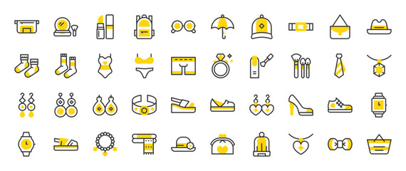 Set of Fashion accessories vector stroke icons. such as Bracelet, Make Up, Watch, Nail Polish, Bow, Ring, Purse, Necklace, Hat, Backpack, Earrings, Glasses, High Heels, Lipstick, Bag illustration.
