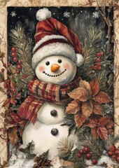 Cheerful Snowman with Santa Hat Surrounded by Holiday Decor