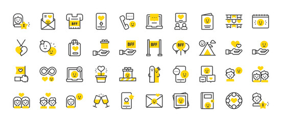 Set of Friendship Day vector stroke icons. such as Girl, Infinite, Boy, Hug, Phone Call, Cheers, Love, Hearts, Greeting Card, Camping Tent, Chat, Balloons, Fingers, Best Friend, Gift illustration. 