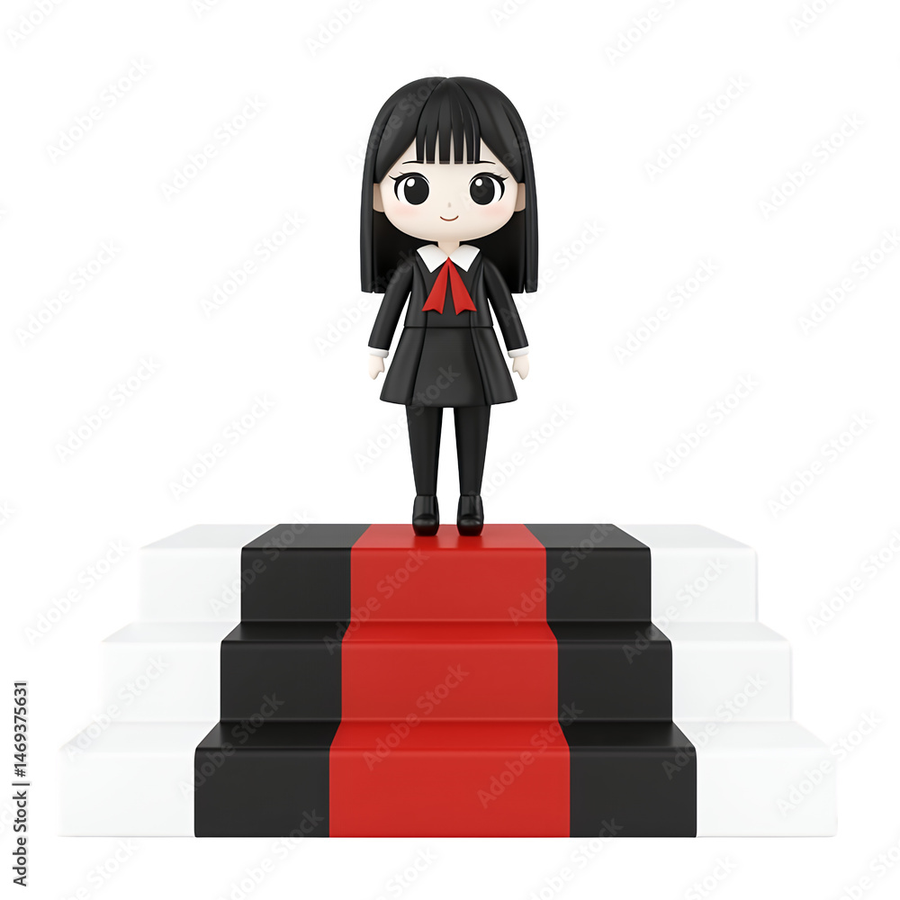 Aufkleber 3d render of a cute girl in a black school uniform standing on a red carpet staircase against a tran