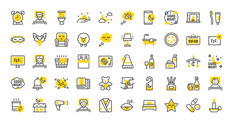 Set of Good night vector stroke icons. such as Sleep, Sleepy, Pillow, Night Cream, Doll, Blanket, Sleeping Mask, Pizza, Toilet, Sleep, Nightcap, Alarm Clock, Pills, Record Player, Tooth illustration. © Picvault