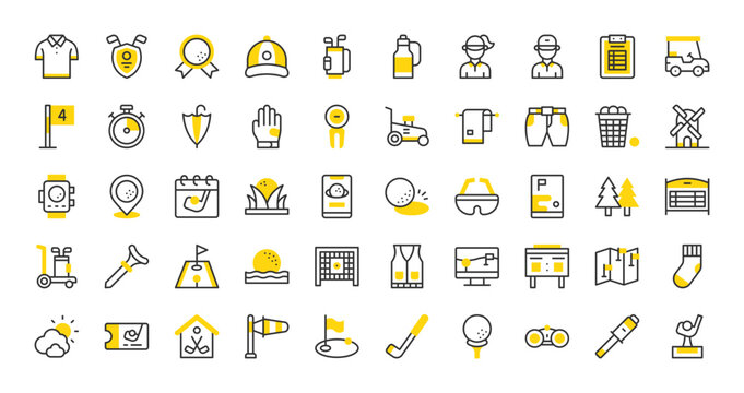 Set of Golf vector stroke icons. such as Polo, Golf, Mini Golf, Golf Ball, Golf Bag, Sock, Scoreboard, Lawn Mower, Map, Golfer, Weather, App, Forest, Gloves, Golf Flag, Stick, Binocular illustration.
