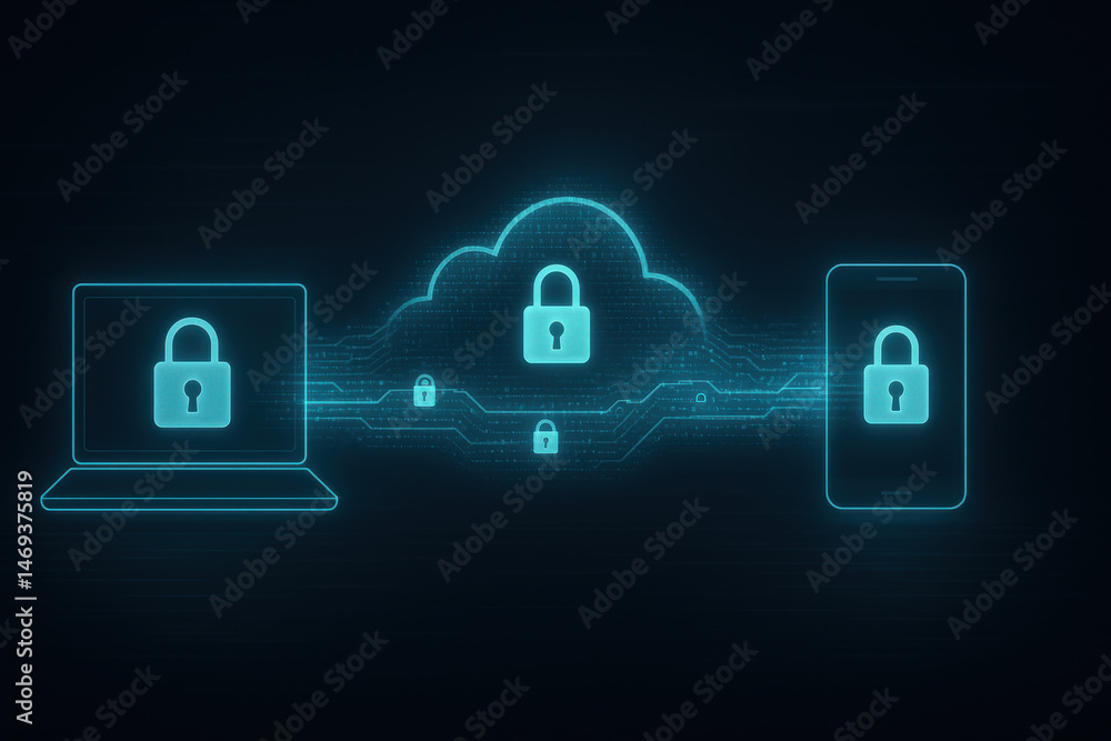 Poster cloud security concept with laptop and smartphone connected by digital network and padlock icons rep