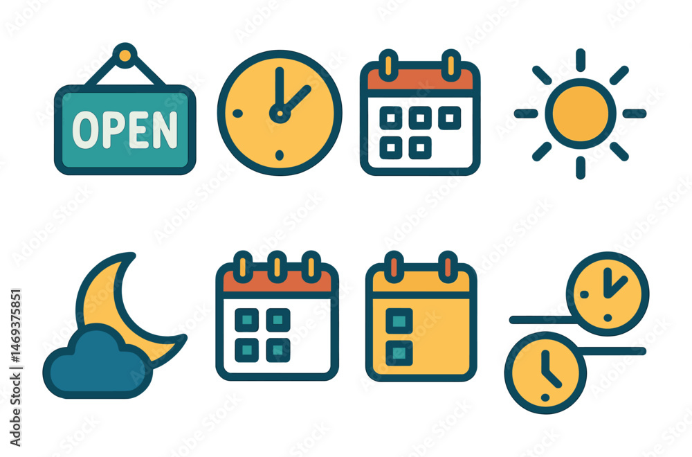 Poster time and date outline icons set – calendar, clock, scheduling symbols