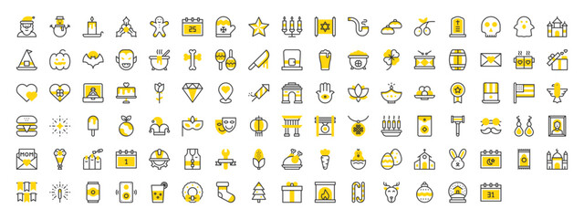 Set of Holidays vector stroke icons. such as Fireplace, Red Envelope, Fireworks, Beer, Christmas, Clover, Hamsa, Usa, Calendar, Earring, Jester Hat, Gift Box, Diamond, Badge, Earth Day illustration.