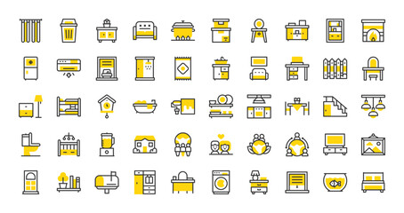 Set of Home and living vector stroke icons. such as Kitchen, Cabinet, Shelf, Coexistence, Cabinet, Washing Machine, Coexistence, Cooking Pot, Clock, Baby Crib, Mail Box, House, Curtains illustration.