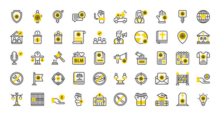 Set of Human rights vector stroke icons. such as Support, Auction, Family, Law Book, Education, Solidarity, Women Rights, Vote, Unity, Morality, Charity , Manifesto, Jail, Rejection illustration.