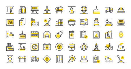 Set of Industrial process vector stroke icons. such as Metallurgy, Lever, Stocks, Factory, Waste, Blueprint, Maintenance, Mining, Nuclear Plant, Power Line, Container, Forklift, Lift illustration.