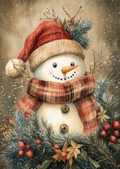 Charming Snowman with Red Hat Among Winter Greenery and Berries