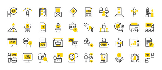 Set of  Job fair vector stroke icons. such as Candidate, Aspirations, Hired, Skills, Job, Growth, Megaphone, Advice, Recruitment, Career, Skills, Clipboard, Job Fair, Stand, Applicant illustration.