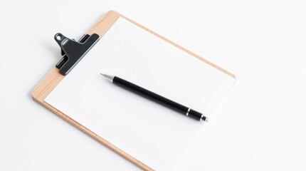 Wooden clipboard with blank paper and pen