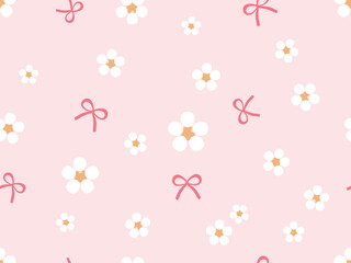 Seamless pattern with daisy chamomile flower and ribbon bows on pink background vector.