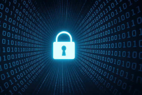 Digital security concept with glowing lock icon surrounded by binary code, symbolizing data protection and cybersecurity safety