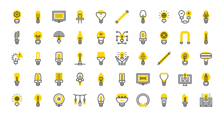 Set of Light bulbs vector stroke icons. such as Light Bulb, Green Energy, Open Book, Led Light, Science, Fluorescent Light, Creativity, Fluorescent Light, Smart Light illustration.