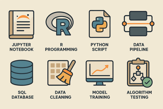Data science flat icons set &ndash; analysis, programming, machine learning visuals
