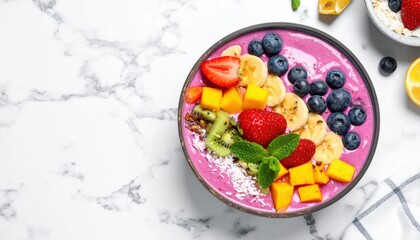 Creating a vibrant smoothie bowl home kitchen food photography bright setting overhead view healthy lifestyle