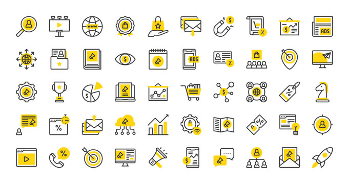 Set of Marketing vector stroke icons. such as Bar Chart, Send, Website, Idea, Rocket,Megaphone, Worldwide, Target, Research, Presentation, Eye, Marketing, Sale, Level illustration.