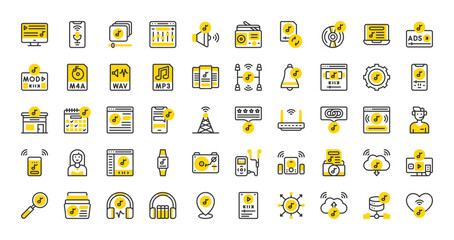 Set of Music streaming vector stroke icons. such as Subscription, Router, Multi Users, Equalizer, Volume, Sync, Schedule, Audio Book, Music Studio, Ads, Wav, Music, Cloud, Smart Tv illustration.